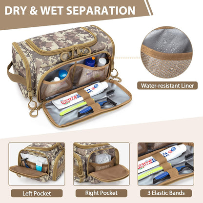 Tactical Toiletry Bag for Men, Hanging Hygiene Bag, Travel Dopp Kit Organizer for Shaving, Shower Essentials and Toiletries, Desert Yellow (Empty Bag)