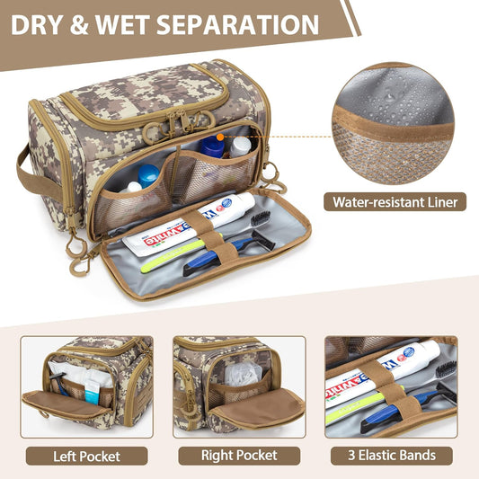 Tactical Toiletry Bag for Men, Hanging Hygiene Bag, Travel Dopp Kit Organizer for Shaving, Shower Essentials and Toiletries, Desert Yellow (Empty Bag)