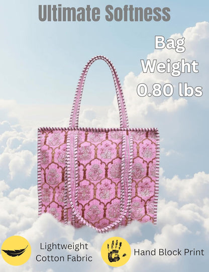 Cotton Quilted Tote Bag for Women – Large Beach & Travel Tote with Zipper, Reusable Grocery Bag