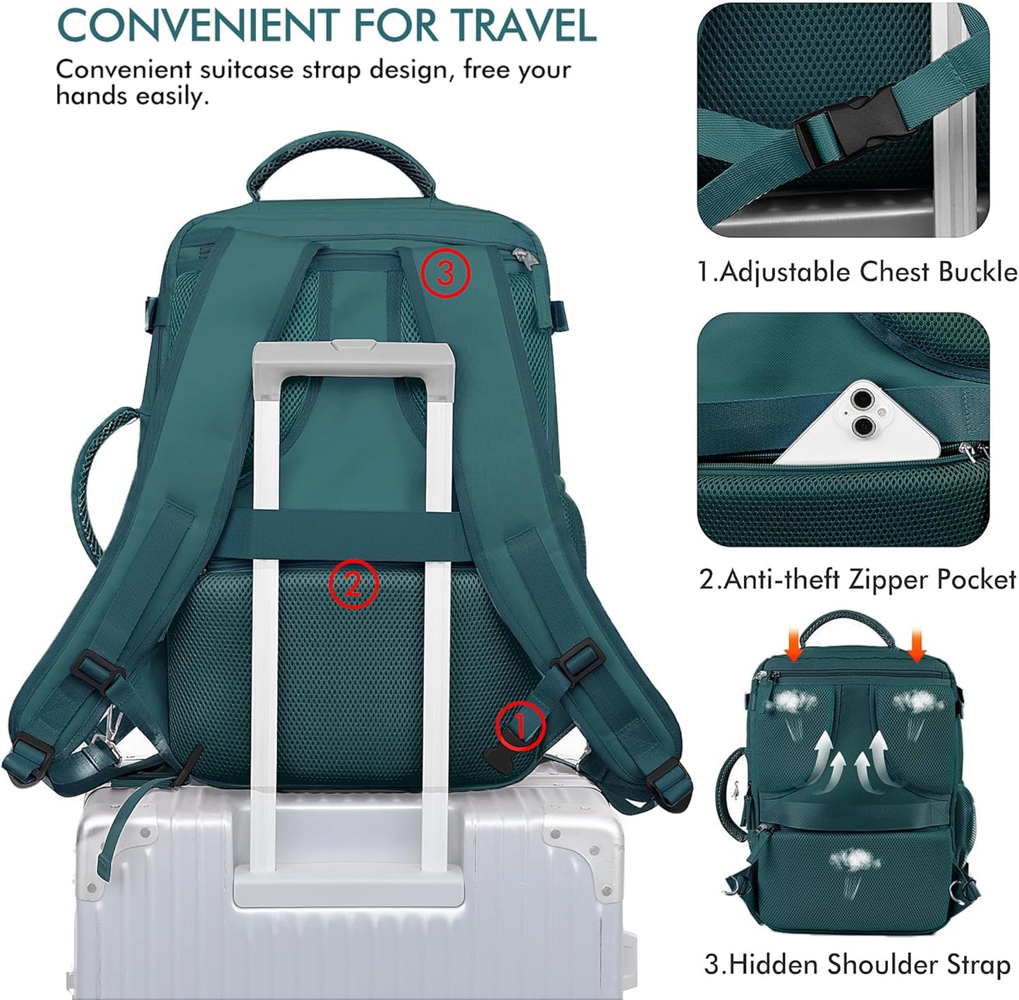 Beraliy Extra Large Travel Backpack for Women as Person Item Flight Approved, 40L Carry On Backpack, 17.3 Inch Laptop Backpack, Waterproof Backpack, Hiking Backpack, Casual Bag,Peacock Blue