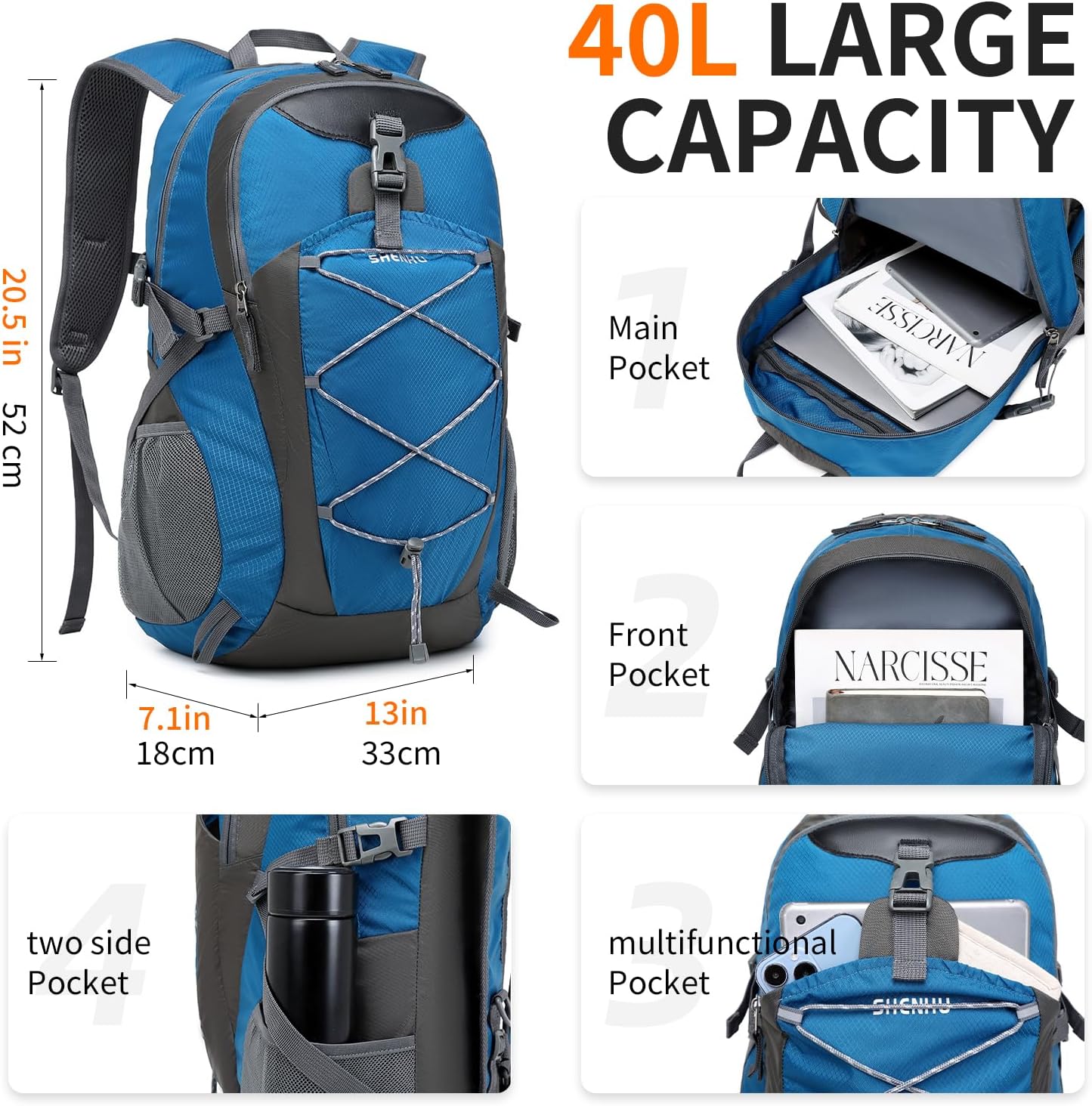 40L Hiking Backpack Lightweight Daypack Waterproof Travel Camping Backpack for Men Women Sport Packable