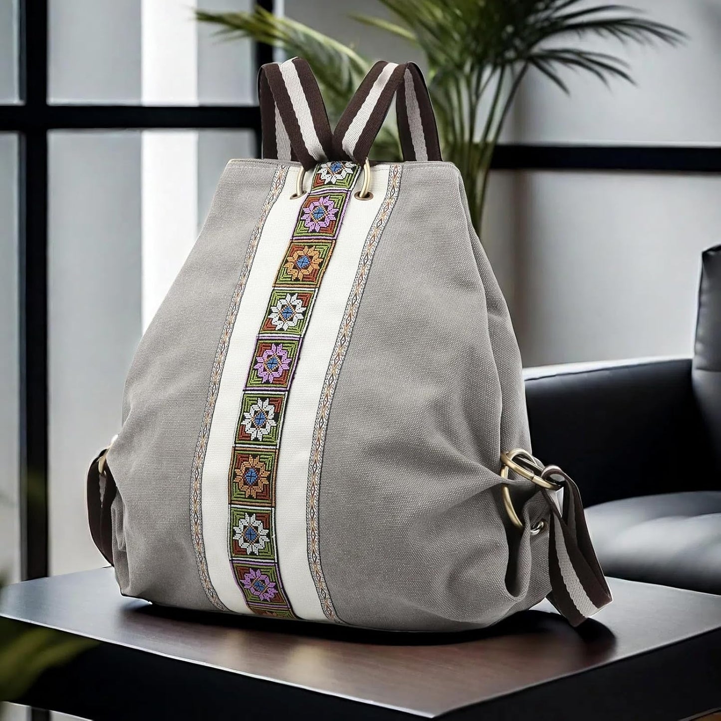 Goodhan Women Canvas Backpack Daypack Casual Shoulder Bag, Vintage Heavy-duty Anti-theft Travel Backpack, Light Grey