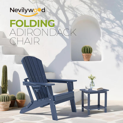 Folding Adirondack Chair - Extended Ergonomic Backrest, Cup Holder - Easy Assembly - Durable HDPE Plastic, Weather Resistant & Maintenance-Free - Lawn, Patio, Deck Supports 380lbs NavyBlue