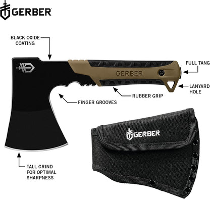 Gerber Gear Pack Hatchet - 3.5" Steel Blade Axe with Full Tang - Survival, Bushcraft and Camping Gear - with Mountable Nylon Sheath - Brown