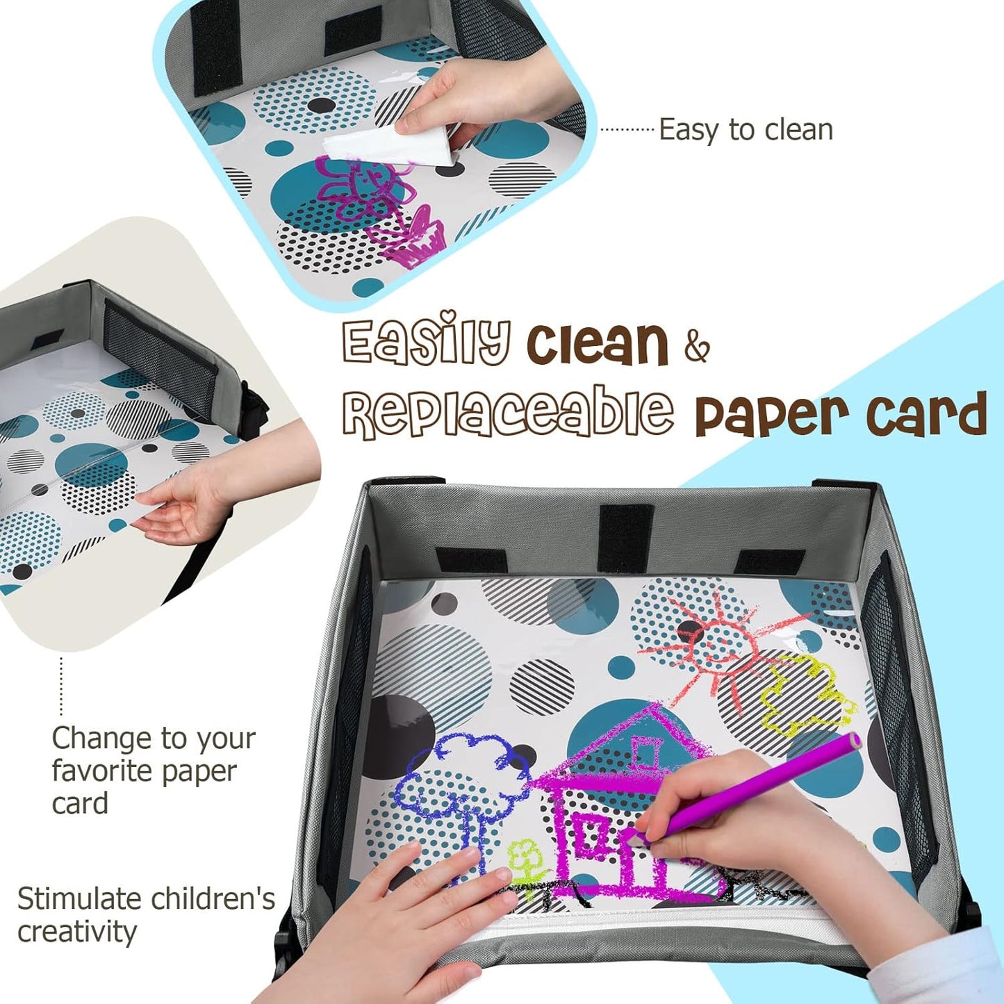 [New Version] Car Seat Organizer Kids Travel Tray for Kids Toddlers Activities in Car Seat, Stroller, Airplane | Touch Screen iPad Holder | Waterproof Dry Erase Top | Side Pocket & Water Bottle Holder