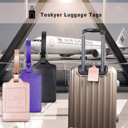 Teskyer Luggage Tags, 3 Pack Premium PU Leather Luggage Tags Privacy Protection Travel Bag Labels Suitcase Tags