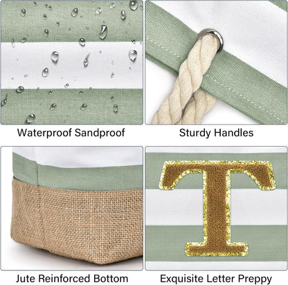 Becokan Beach Bag Initial Beach Tote with Makeup Bag for Travel Work Storage Personalized Birthday Gifts for Women Her