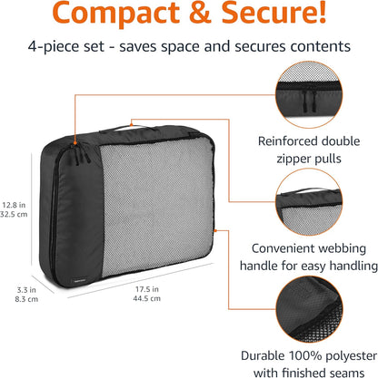Amazon Basics Large Packing Cubes for Travel, Packing Organizers, 4-Piece-Set With Double Zipper Pulls and Mesh Top Panel, 100% Durable Polyester, Black, 17.5"L x 12.8"W x 3.3"H