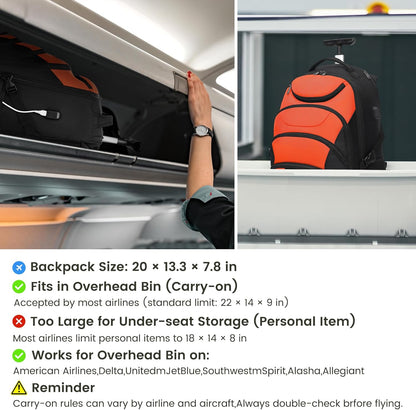 Boavan Rolling Backpack,17 inch Water Resistant Wheeled Backpack,Carry on Luggage Business Bag, Overnight College Computer bag Trolley Suitcase for Men Women Adults to Travel，Black&Orange