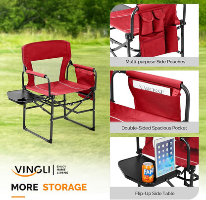 VINGLI Camping Chairs, Directors Chair, Camping Chair with Side Table & Carry Bag，Heavy Duty Camping Chairs for Adults, Portable Folding Camping Chair, Pocket for Beach, Fishing,Trip,Picnic,Lawn-Red