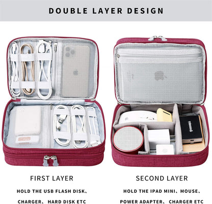 MIRLEWAIY Electronics Cable Organizer, Travel Electronic Accessories Storage Bag Double-Layer for Power Bank, USB, Fresh Drives, Chargers, Cables, Earphone, Red