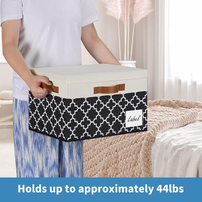 GhvyenntteS Fabric Storage Bins with Lids 3 Pack, Foldable Fabric Storage Boxes with Lids and 3 Handles, Sturdy Closet Organizers and Storage Bins with Label Window for Home (White&Lattice Black)