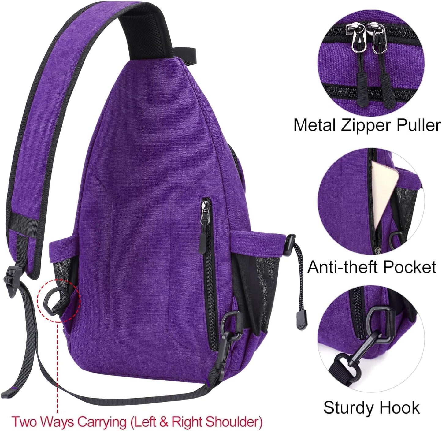 MOSISO Sling Backpack,Canvas Crossbody Hiking Daypack Bag with Anti-theft Pocket, Purple