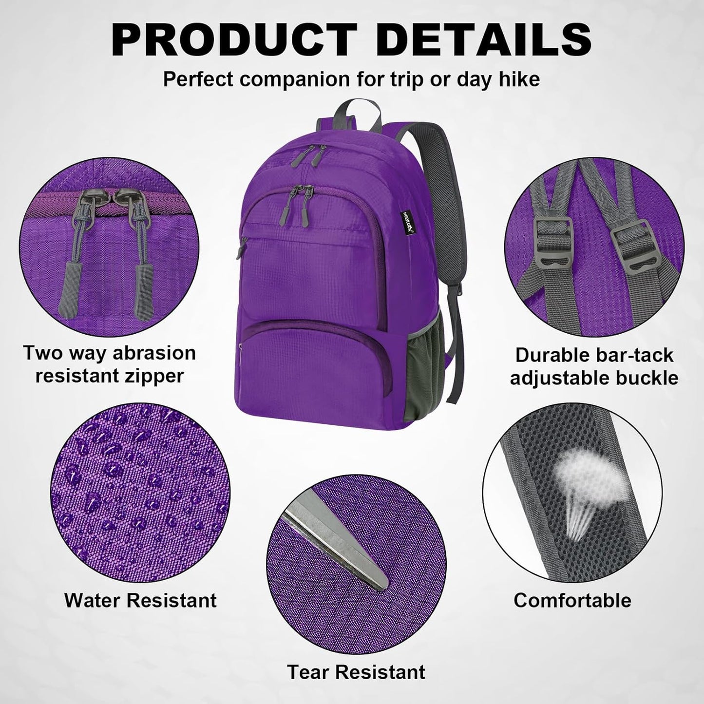 HOLYLUCK 20L lightweight packable Hiking Daypack Foldable Backpack for Men Women Small Travel Outdoor Foldable Shoulder Bag-purple