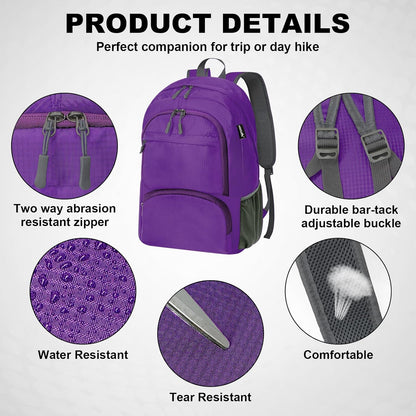 HOLYLUCK 20L lightweight packable Hiking Daypack Foldable Backpack for Men Women Small Travel Outdoor Foldable Shoulder Bag-purple