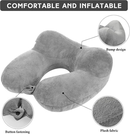 Sintuff 2 Pack Inflatable Travel Pillow for Airplanes Inflatable Neck Flight Pillows with Compact Bag and Blindfold for Traveling, Airplane, Train, Car, Office(Light Gray and Sky Blue)