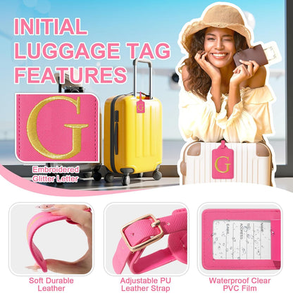 Personalized Rose Red Leather Initial Luggage Tags with Privacy Cover Name Card, Custom Monogram Embroidered Cute Suitcase Tags for Women Kids