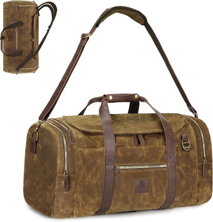 60L Travel Bags for Men, Nomad Washed Canvas Duffle Bag Vintage Genuine Leather Travel Duffel Bag Multifunctional Weekender Overnight Backpack with Shoes Compartment