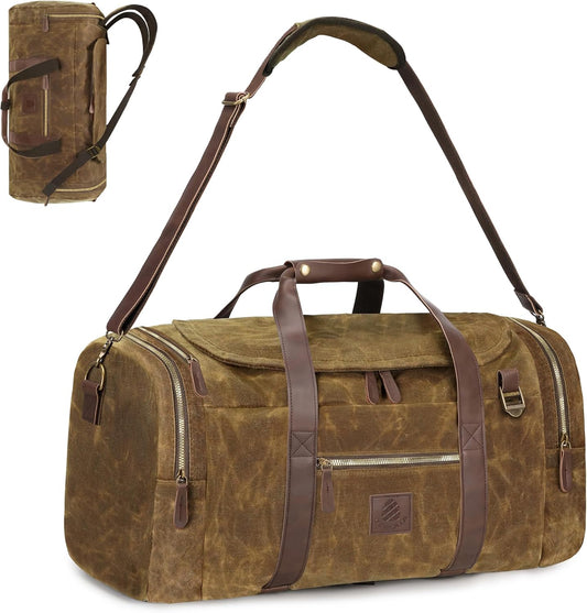 60L Travel Bags for Men, Nomad Washed Canvas Duffle Bag Vintage Genuine Leather Travel Duffel Bag Multifunctional Weekender Overnight Backpack with Shoes Compartment