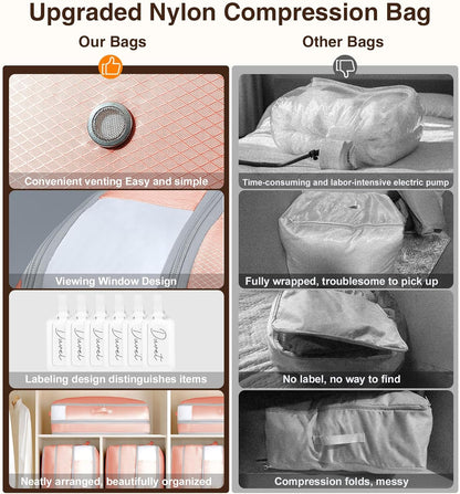 6 Pack Compression Storage Bags - 110L Large Capacity Comforter Storage Bag, 3-Layer Washable Ultra Space Saving Self Compression Organizer Space Bags for Blankets, Sweaters, Sheets, Pink