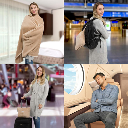 BlueHills Premium Soft 2-Pack Travel Blanket Pillows Airplane Large Plane Flight Throw Travel Blankets for Two in a Bag Compact Traveling Essentials Warm Travel Gifts Long Beige T205