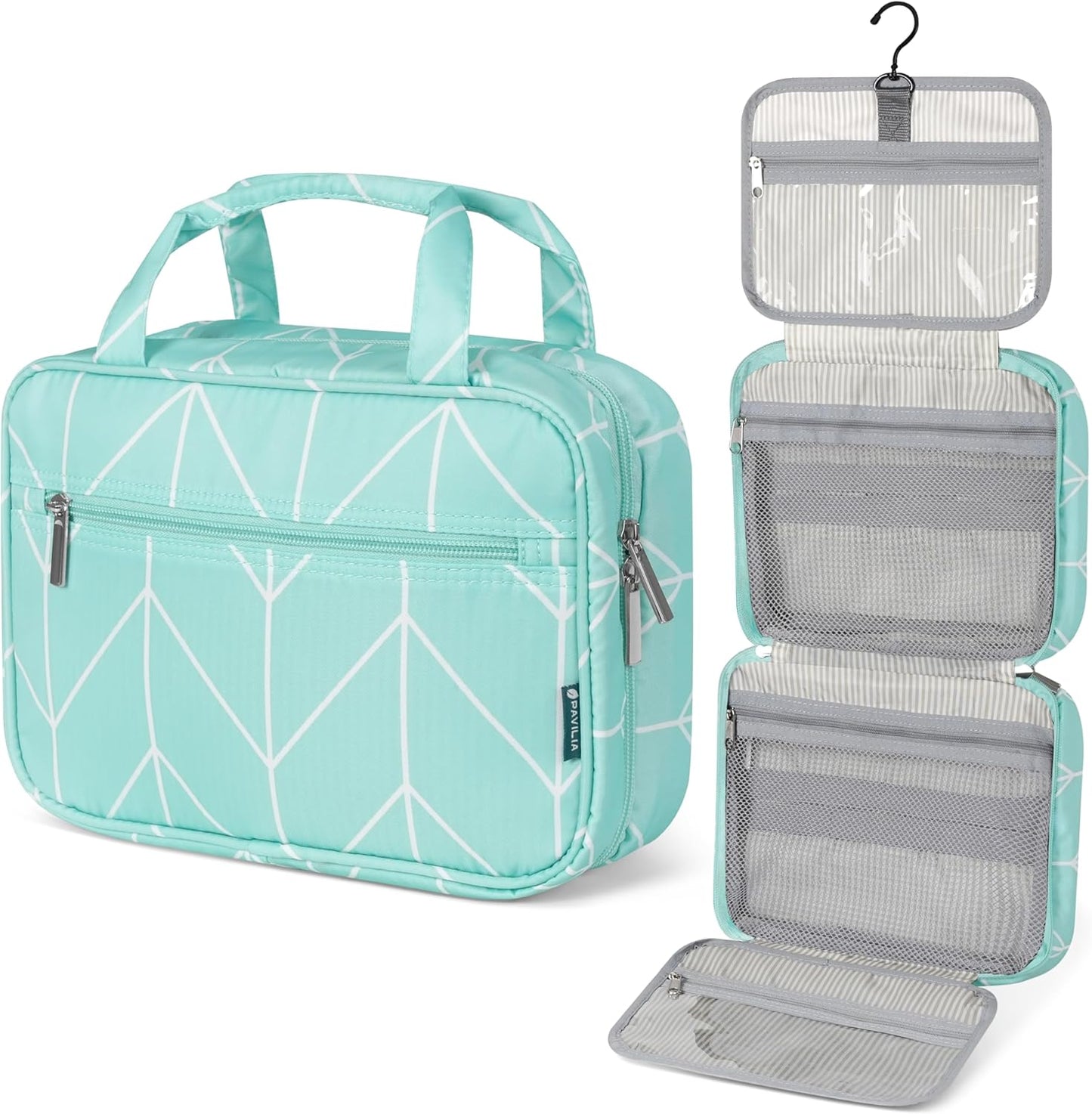 PAVILIA Hanging Toiletry Bag Travel Bag Women Men, Foldable Cosmetic Organizer, Roll up Makeup Bag, Water Resistant Accessories Toiletries, Large Travel Essentials Kit (Teal Chevron)
