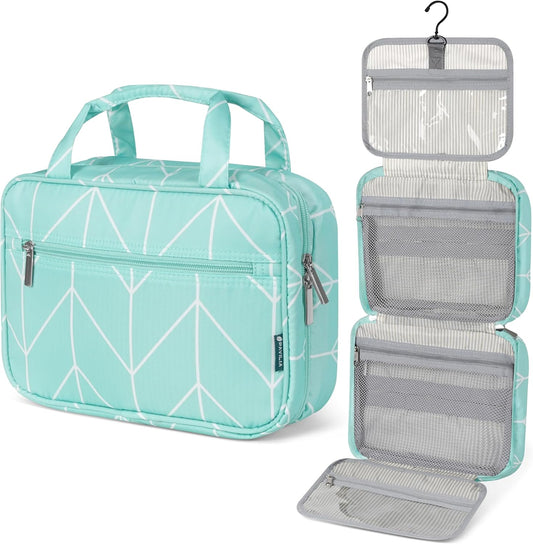 PAVILIA Hanging Toiletry Bag Travel Bag Women Men, Foldable Cosmetic Organizer, Roll up Makeup Bag, Water Resistant Accessories Toiletries, Large Travel Essentials Kit (Teal Chevron)