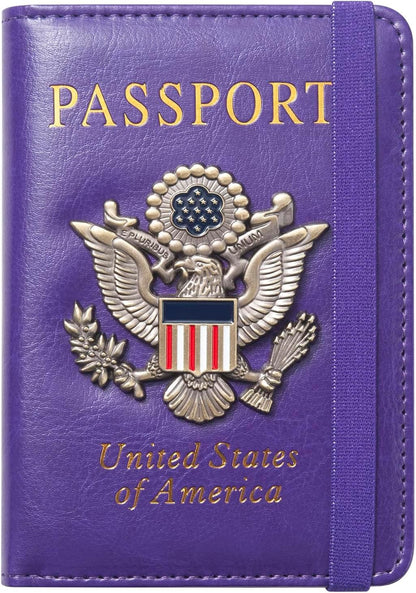 Passport Holder for Travel Passport Cover for Men Passport Wallet Case With 3D Metal Badge Protector Leather Card Case RFID Blocking Women Travel Accessories Document Organizer (Purple)