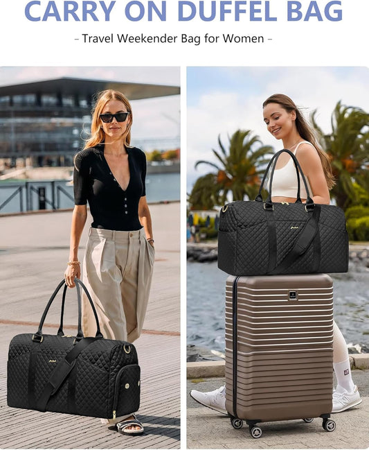 Weekender Travel Duffle Bag for Women - Carry on Bag with Shoe Compartment Overnight Bags with Wet Pocket Toiletry Bags Weekend Yoga Gym Traveling Hospital Bags for Labor and Delivery Black