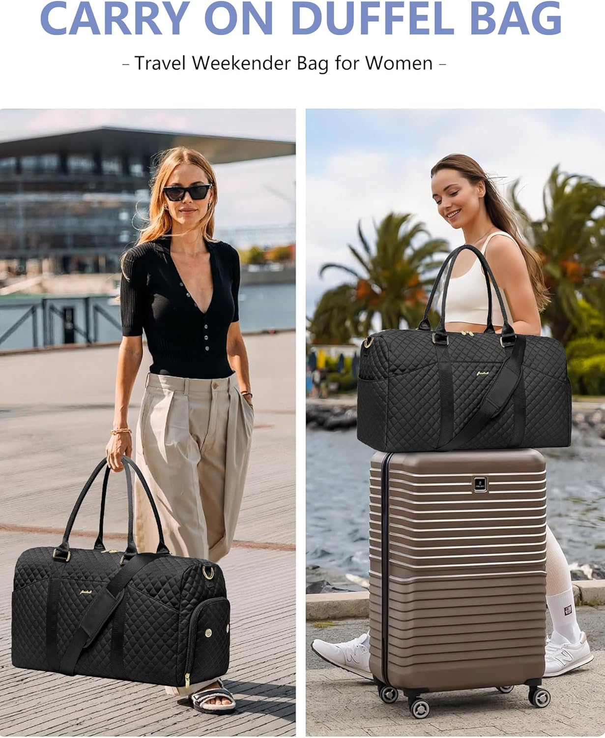 Women Weekender Travel Duffle Bag: Travel Duffel Overnight Bags with Shoe Compartment Large Carry on Tote with Toiletry Bag Weekend Traveling Yoga Gym Hospital Bag for Women with Wet Pocket Black