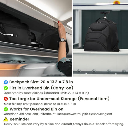 Boavan Rolling Backpack,17 inch Water Resistant Wheeled Backpack,Carry on Luggage Business Bag, Overnight College Computer Trolley Suitcase for Men Women Adults to Travel，Black