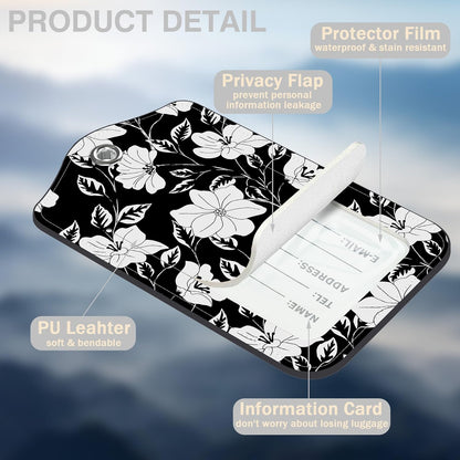 2 Pack Luggage Tags for Suitcases Black Flowers and Leaves Leather Luggage Tags Privacy Cover ID Label with Stainless Steel Loop and Address Card for Women Men Travel Bag Backpack