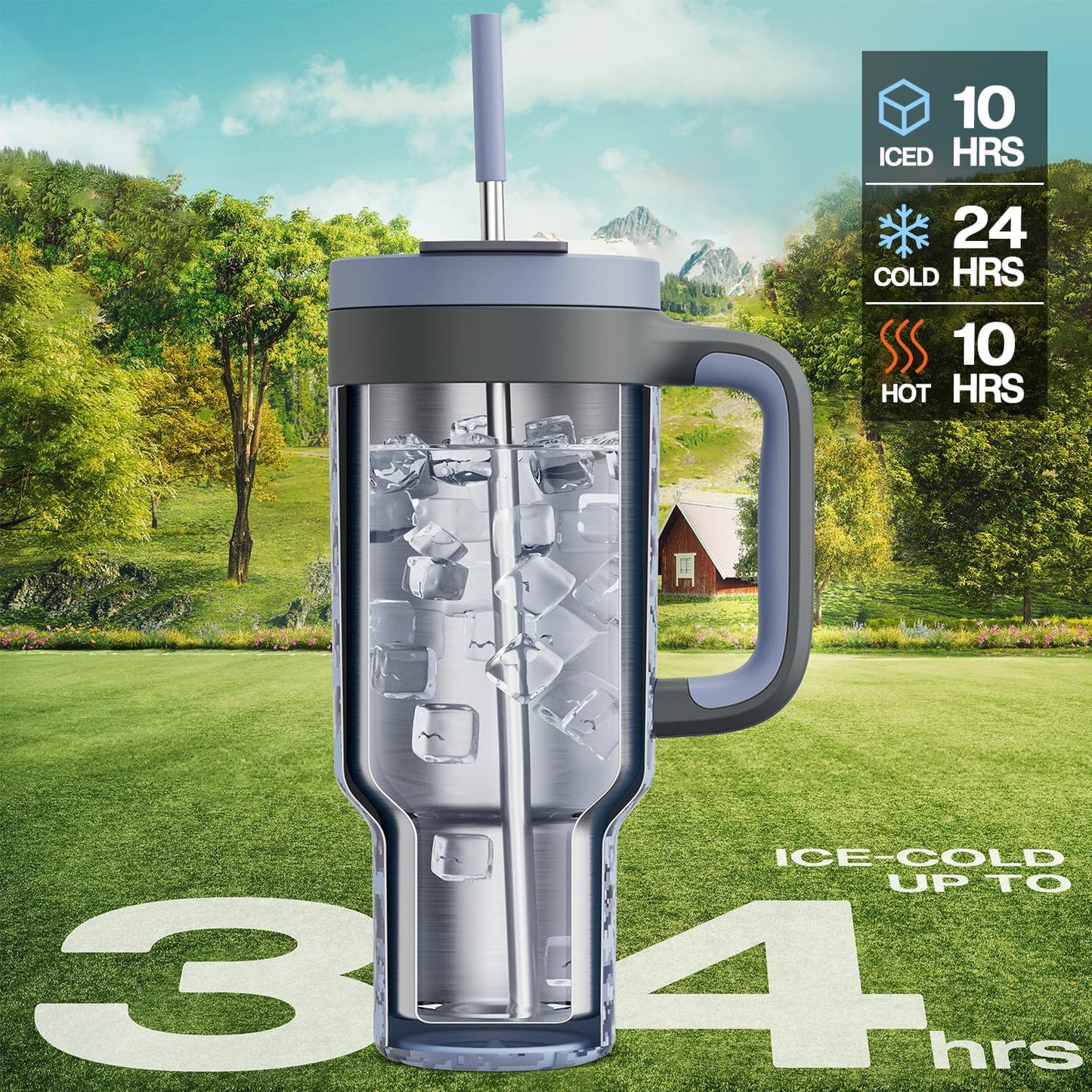 40 oz Camo Tumbler with Handle, 2-in-1 Straw and Sip Lid, Leakproof, Dishwasher Safe, Insulated Stainless Steel Travel Coffee Mug, Keeps Cold for 34 Hours, Fits in Car Cup Holder (Navy Digital)