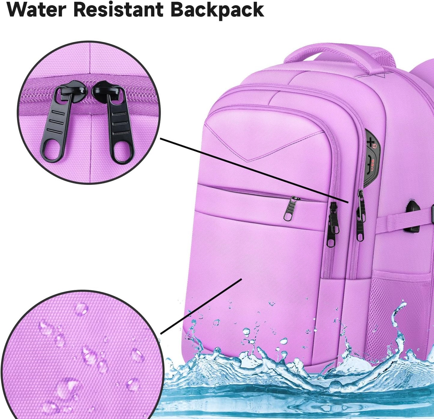 Lapsouno Large Laptop Backpack, Travel Laptop Backpack, 17.3 Inch Carry on Backpack with USB Port, TSA Travel Bag for Women, College School Backpack for Women, Light Purple