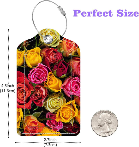 Colorful Roses Luggage Tags 2PCS PU Leather Suitcases Tag with Stainless Steel Loop and Privacy Name Address Cover Label Card for Women Men Travel