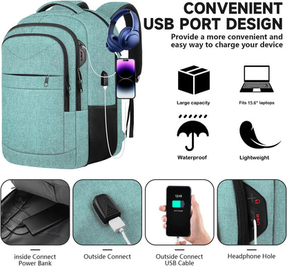 Lapsouno Business Laptop Backpack, Travel Laptop Backpack, Backpack, Anti Theft Sturdy 15.6 Inch TSA Friendly with USB Port, Water Resistant College School Computer Bag Gifts for Men Women, Lake Green