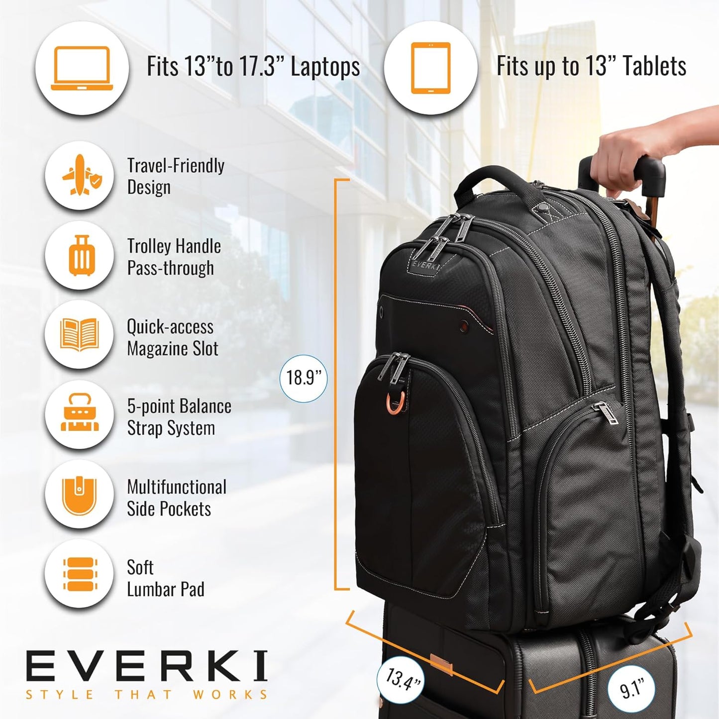 EVERKI 32L Atlas Business Laptop Backpack – Adjustable Compartment for Work, Travel-Friendly Business & Office Backpack for Men & Women, College, Durable Computer Bag, Fits 13"-17.3", Black