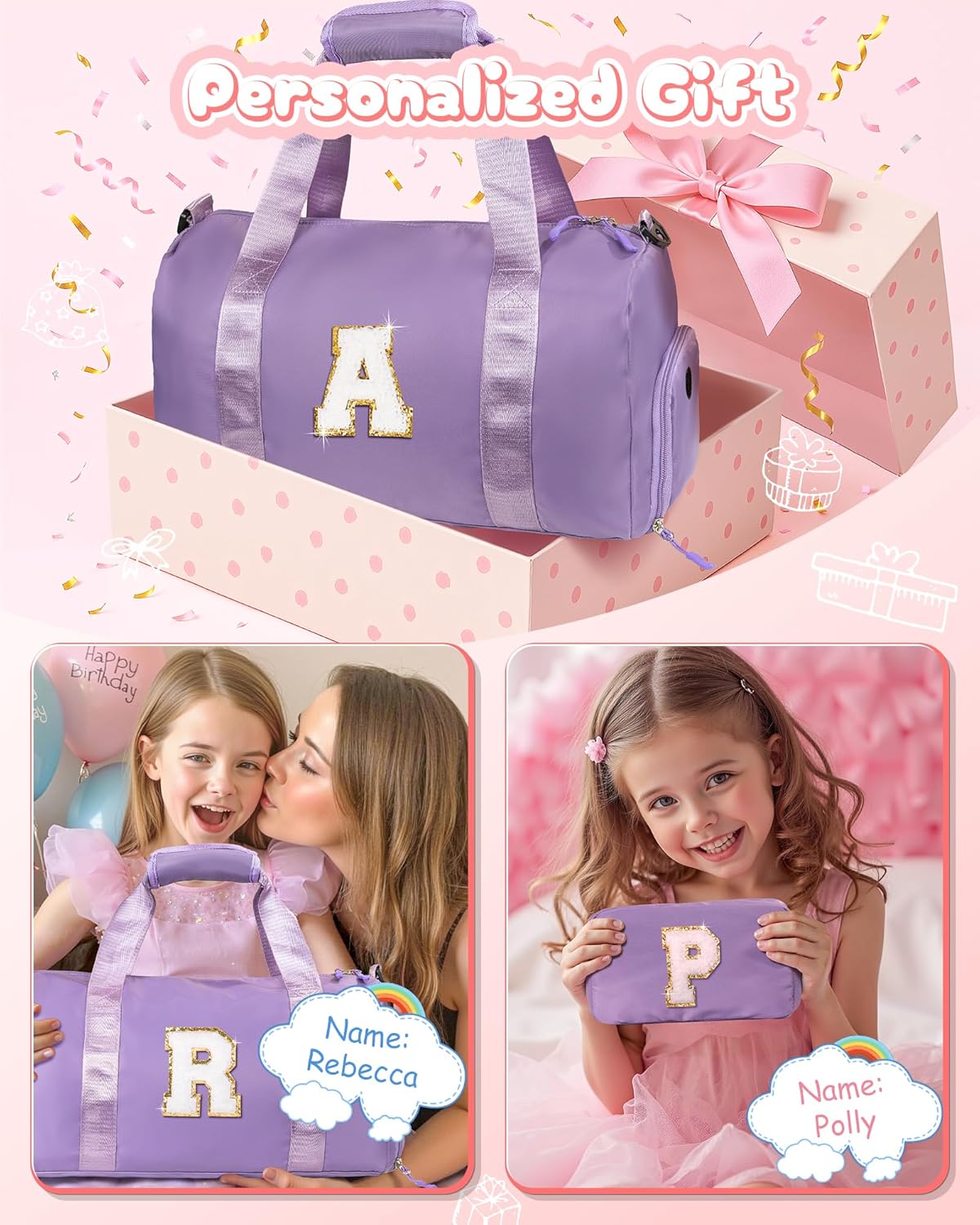 4 Year Old Girl Birthday Gifts-Girl Gym Bag with Shoe Compartment, Kid Personalized Weekender Overnight Bags, Initial Travel Tote with Makeup Pouch, Valentines Day Gift for Girls (Letter R)