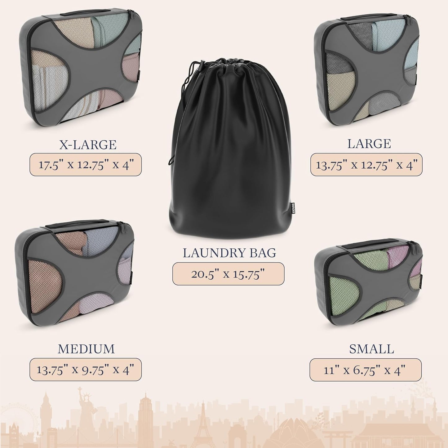 Shacke Premium 5 Packing Cubes Set - Lightweight Mesh Travel Luggage Organizers with Laundry Bag, 5-Piece Suitcase Storage System (Dark Grey)