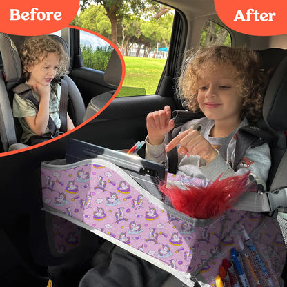 PILLANI Kids Travel Tray for Car - Car Seat Tray for Kids Travel, Road Trip Essentials Must Haves - Carseat Table Roadtrip Activities - Toddler Lap Desk Organizer for Airplane - Kids Travel Essentials