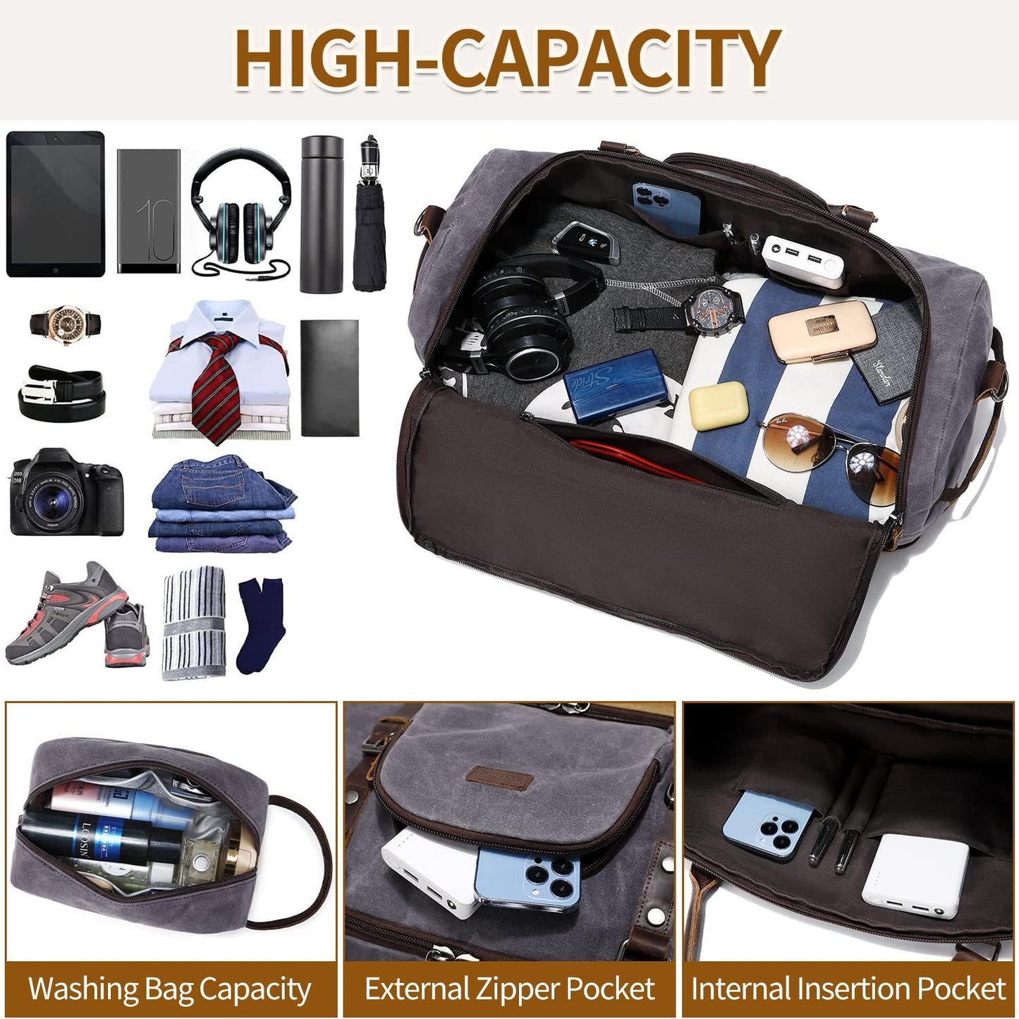 Nerlion Weekender Bag with Shoe Compartment Large Overnight Bag for Men Canvas Genuine Leather Carry on Luggage Bag Travel Duffel Bag(Gray)