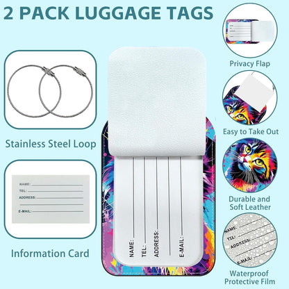 2 Pack Cute Luggage Tag for Suitcases Colorful Cat Leather Luggage Tags with Stainless Steel Loop Privacy Flap Name Tags,Men and Women Travel Bag Suitcase Tags