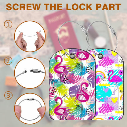 2 PCS Leather Luggage Tag for Suitcase Tropical Leaf and Flamingo Travel Suitcase Labels with Privacy Name ID Label and Stainless Steel Loop for Adults Teens Travel Bag Labels Set