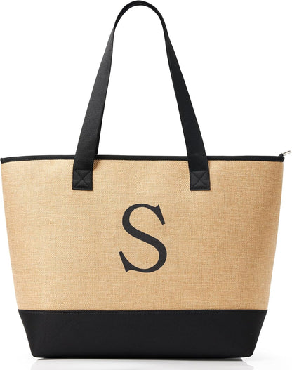 KALIDI Woven Tote Bag for Women, Lightweigh Monogram Beach Bag with Zipper & Sand-Proof Canvas Base, Personalized Gift