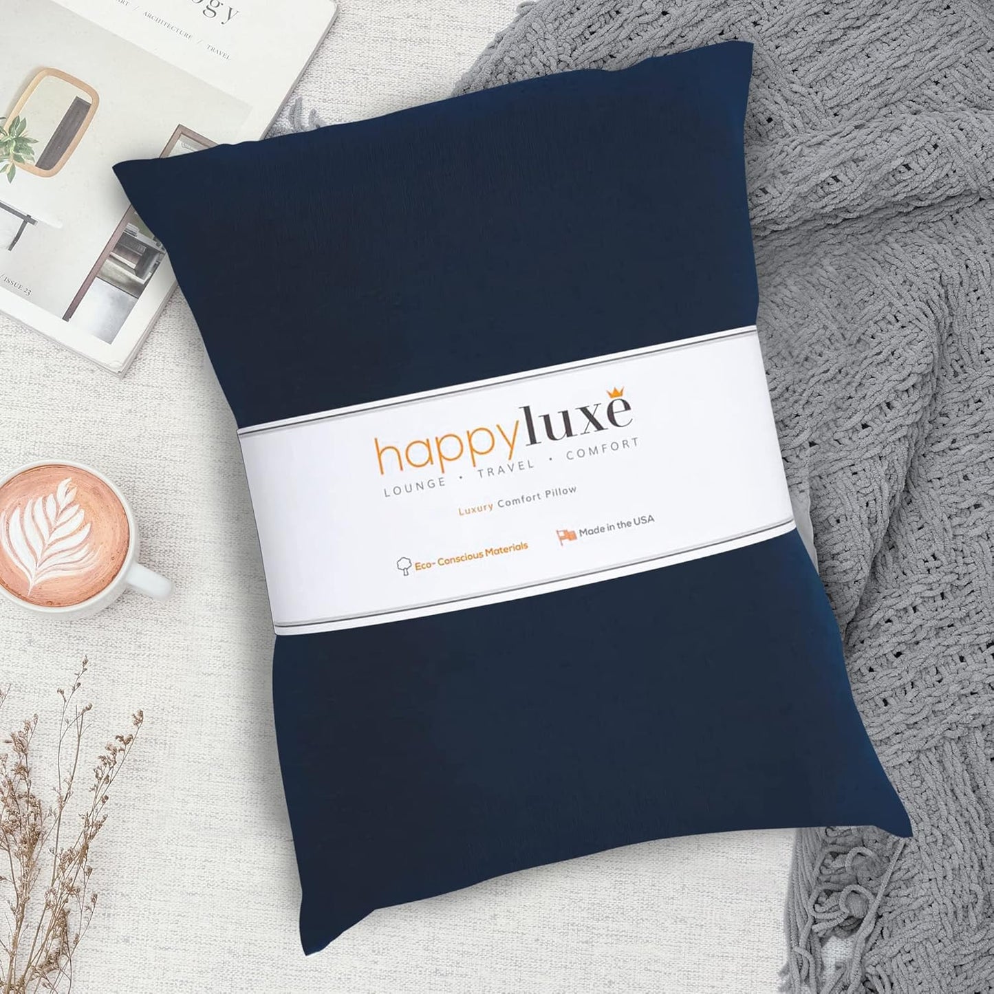 Happyluxe Odyssey Travel Pillow for Long Flights - Soft, Small, Alternative to Down and Memory Foam. 17 x 13in - Made in The USA, Navy Blue Airplane Pillow for Adults Sleeping, Camping or Nap