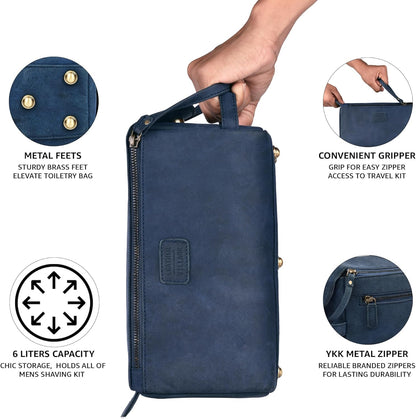 LEATHER VILLAGE Premium Leather Travel Toiletry Bag - Unisex Water-Resistant Travel Dopp Kit, Shaving & Cosmetic Organizer for Men & Women - Compact Bathroom Essentials - Royal Blue
