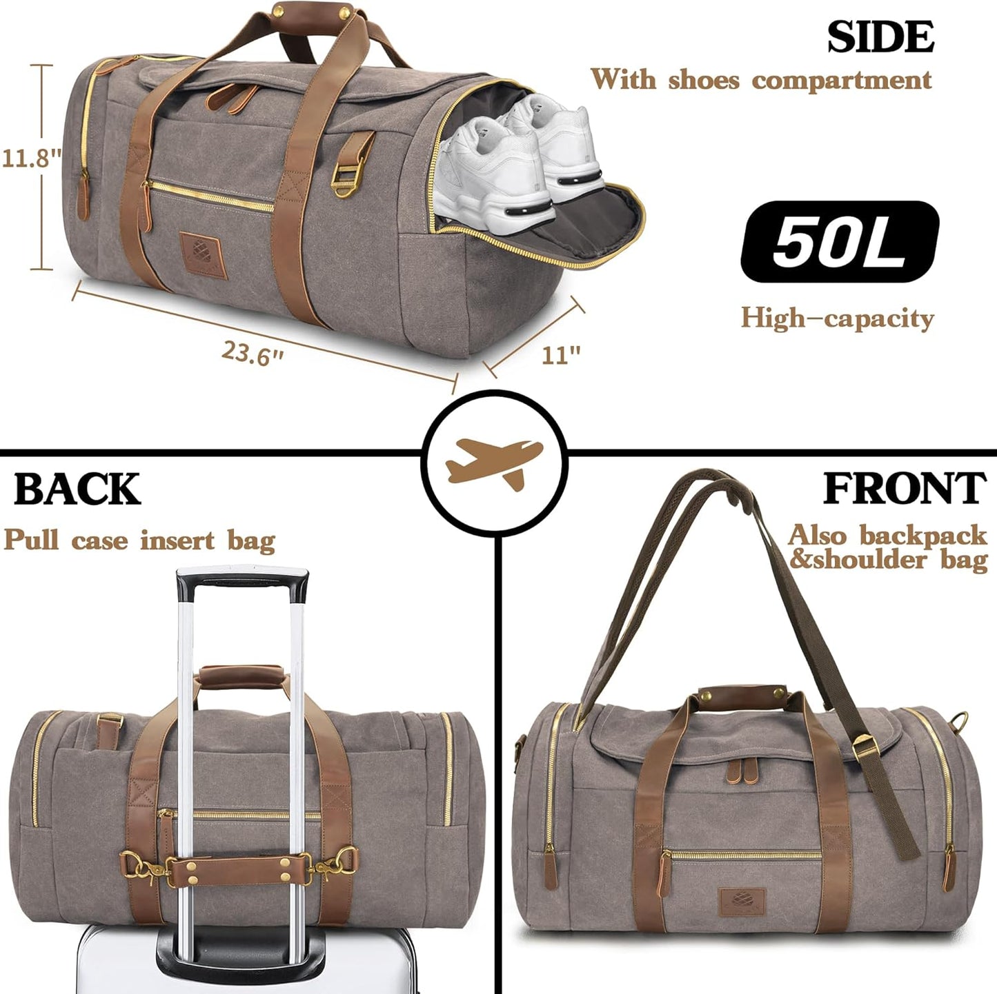 Vintage Canvas Duffle Bag, 50L Genuine Leather Travel Duffel Backpack Multifunctional Overnight Weekender Bag with Shoes Compartment Men (Grey)