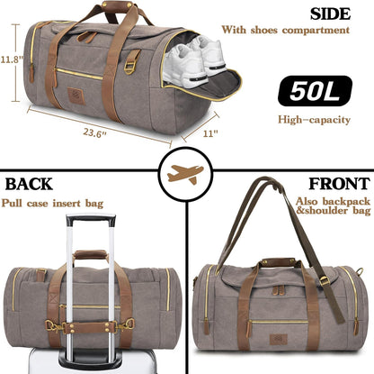 Vintage Canvas Duffle Bag, 50L Genuine Leather Travel Duffel Backpack Multifunctional Overnight Weekender Bag with Shoes Compartment Men (Grey)