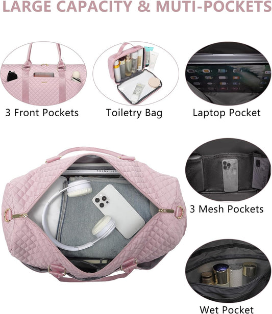 Women Weekender Travel Duffle Bag: Travel Duffel Overnight Bags with Shoe Compartment Large Carry on Tote Bag with Toiletry Bag Weekend Traveling Yoga Gym Hospital for Women with Wet Pocket Pink