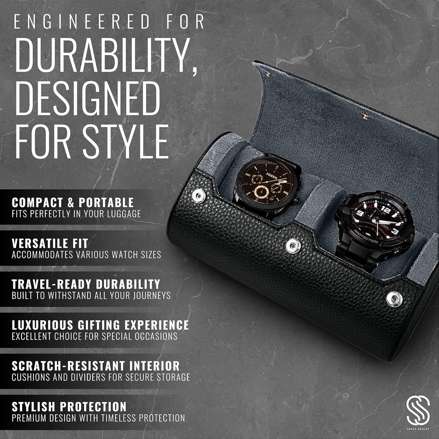 2 Watch Travel Case for Men – Sleek Faux Leather Organizer for Smart & Luxury Timepieces - Portable Travel Watch Storage Box - Ideal Gift for Men with Premium Gift box (Black & Grey)